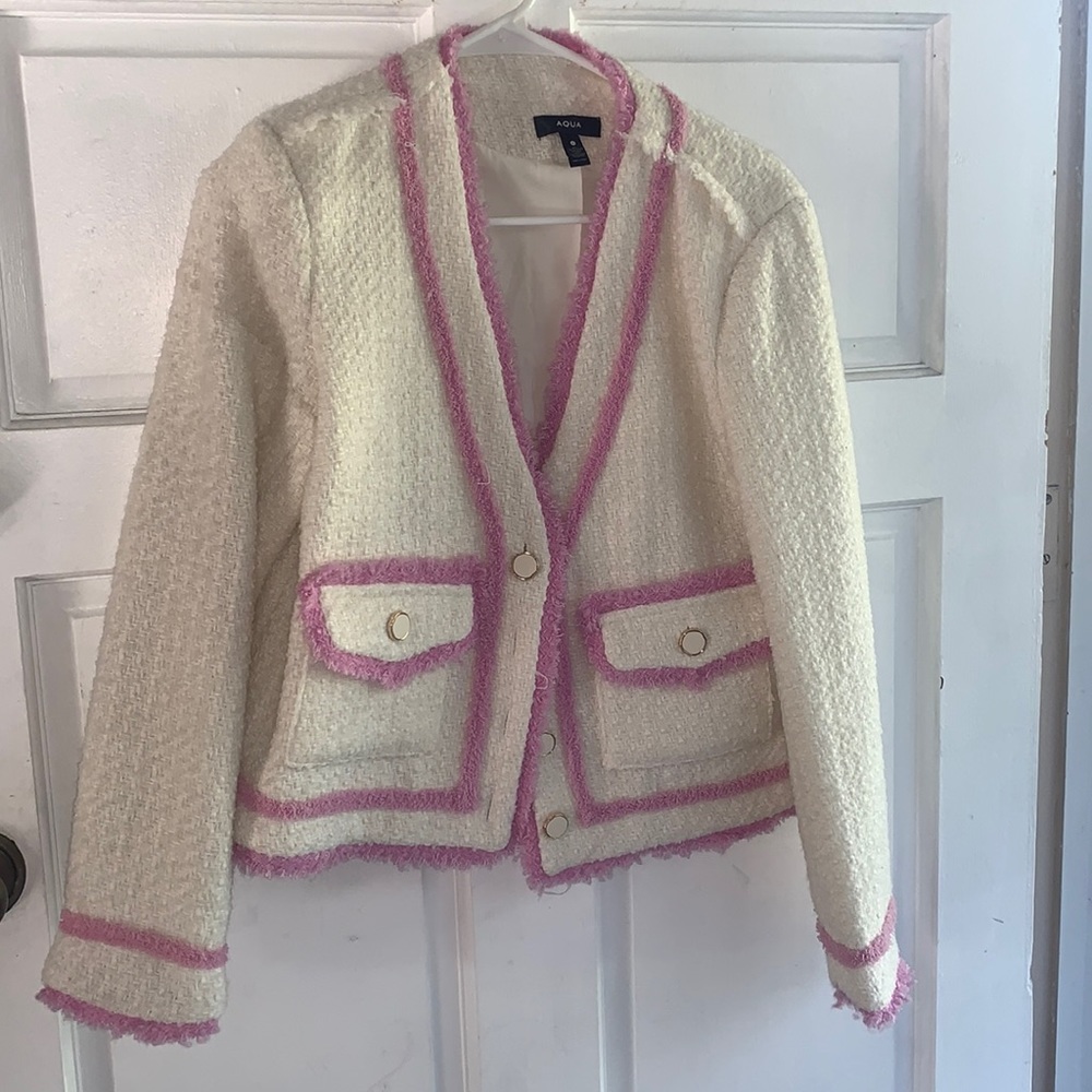 AQUA tweed white and pink blazer